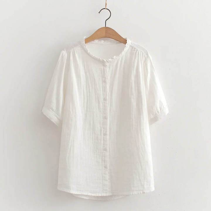 Megan™ lightweight cotton shirt in white, short sleeves, button-front, ruffled round neck.