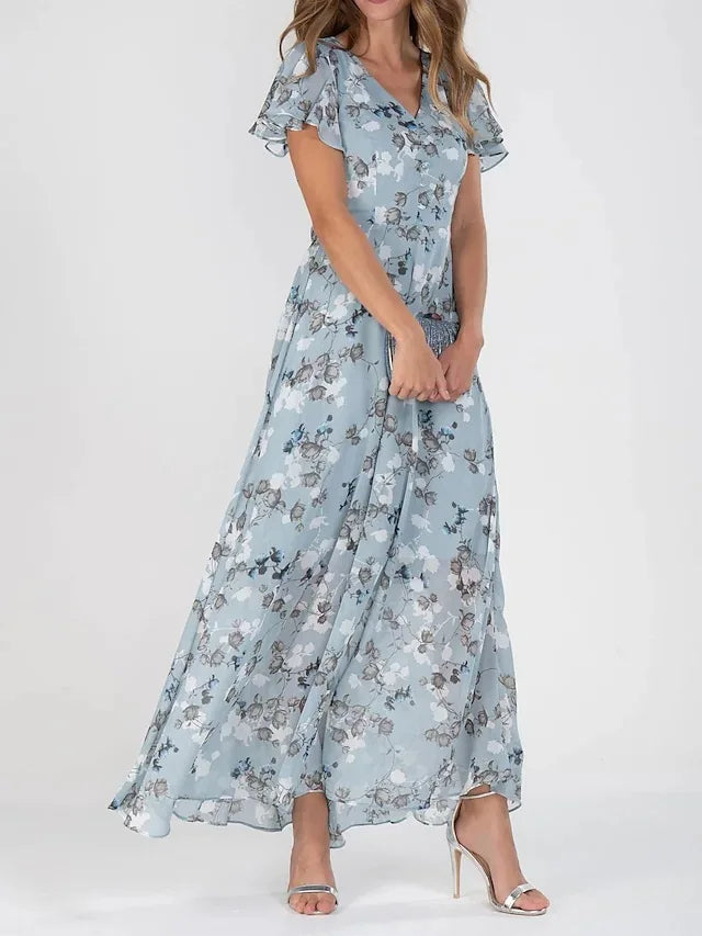 Blue floral maxi dress with ruffled cap sleeves and V-neck bodice