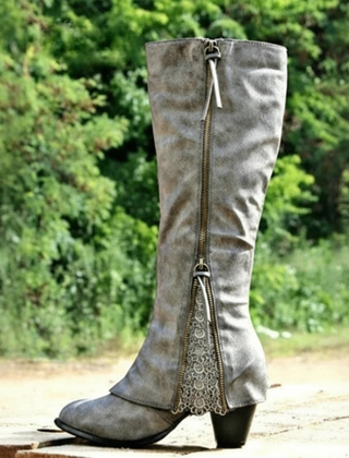 Grey knee-high boots with side zipper and lace-trimmed front panel