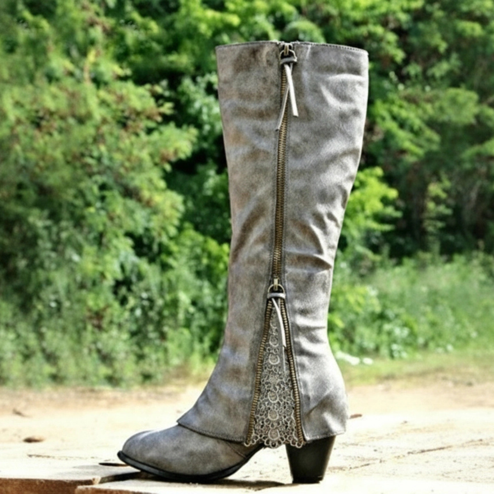Grey knee-high boots with side zipper and lace-trimmed front panel