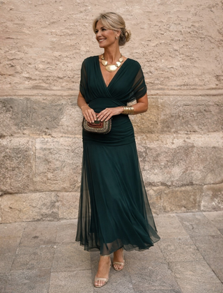 Lydia Off Shoulder maxi dress, dark green, draped bodice with flowing chiffon skirt