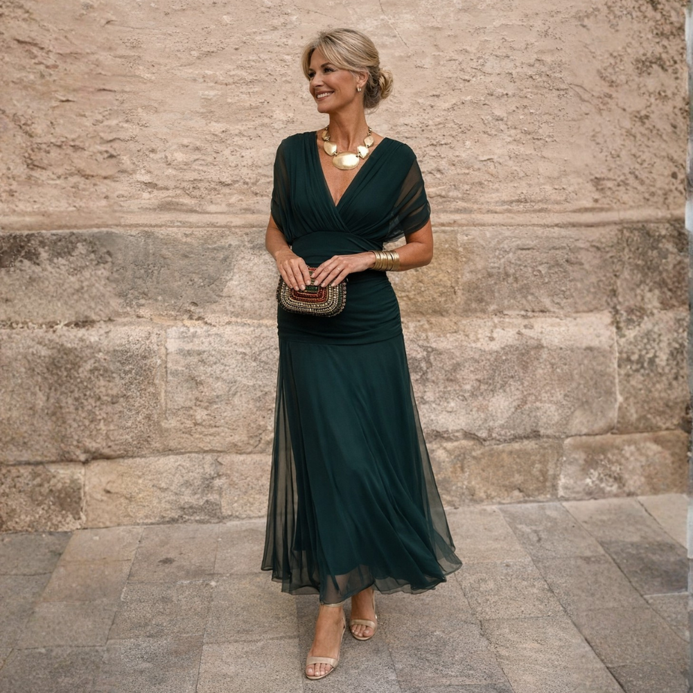 Lydia Off Shoulder maxi dress, dark green, draped bodice with flowing chiffon skirt