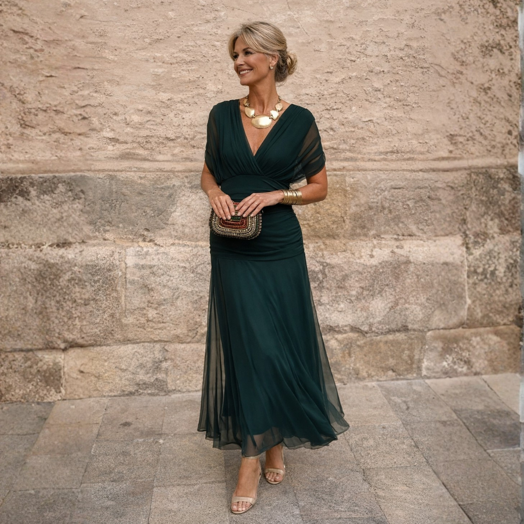 Lydia Off Shoulder maxi dress, dark green, draped bodice with flowing chiffon skirt