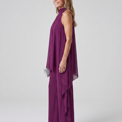 Purple halter-neck tunic set with layered side drape and wide-leg pants