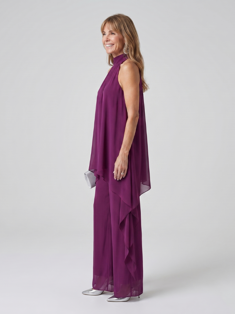 Purple halter-neck tunic set with layered side drape and wide-leg pants