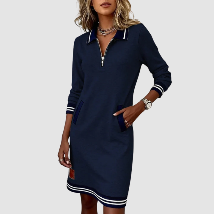 Navy zip-neck dress with contrast collar, front zipper, striped cuffs and hem