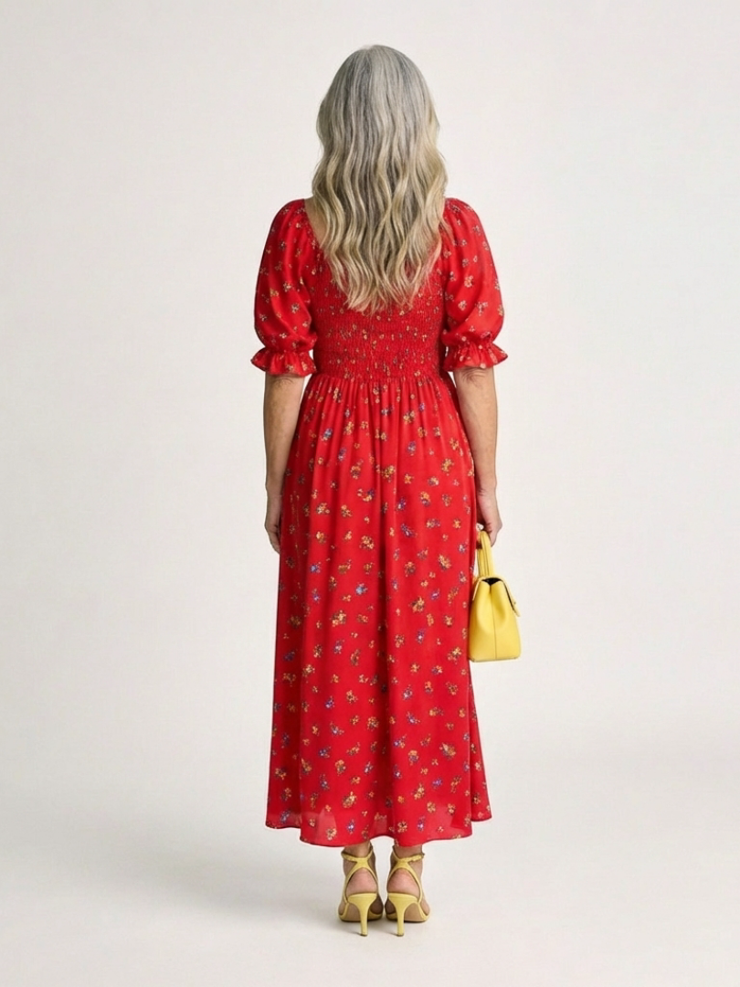 Red floral midi dress back view with square neckline, puff sleeves, and gathered waist