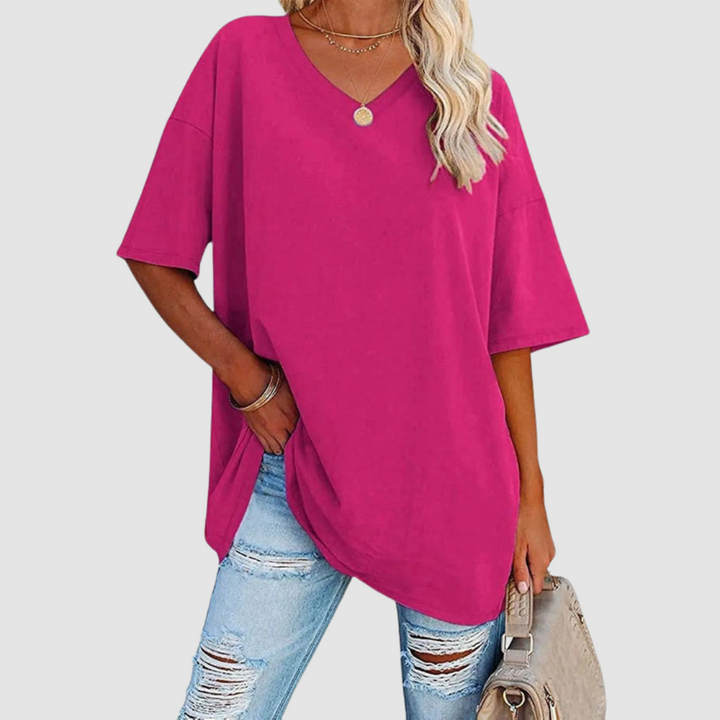 Pink V-neck short-sleeve T-shirt with draped front knot