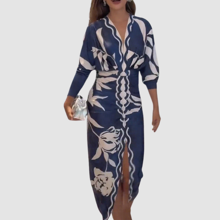 Navy floral V-neck midi dress with 3/4 sleeves, cinched waist tie and front slit