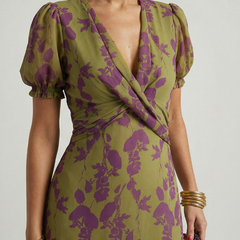 Olive and purple floral wrap midi dress with deep V neckline and puff sleeves