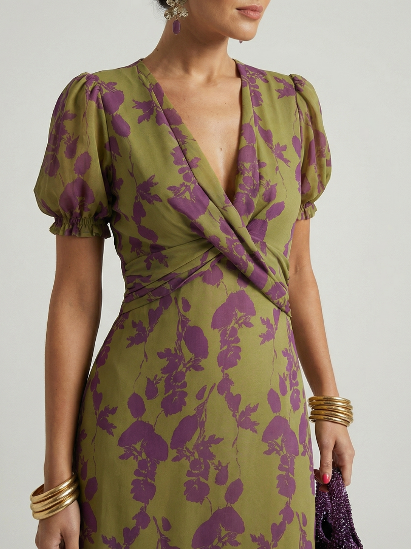 Olive and purple floral wrap midi dress with deep V neckline and puff sleeves