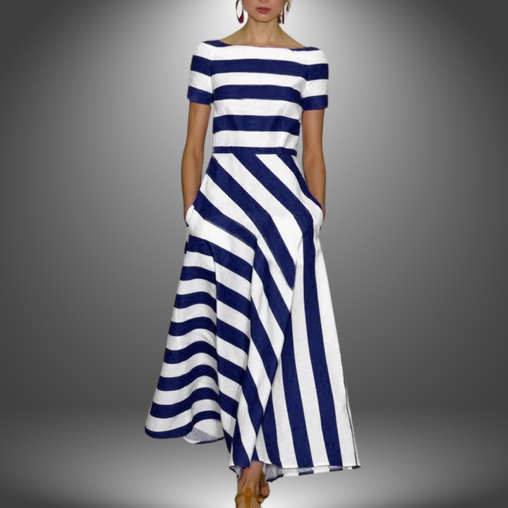 Blue and white striped long maxi dress with short sleeves and fitted waist