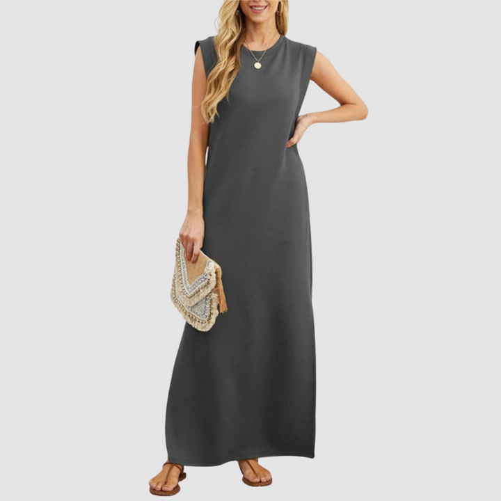 Dark gray sleeveless maxi dress with round neckline and small button detail