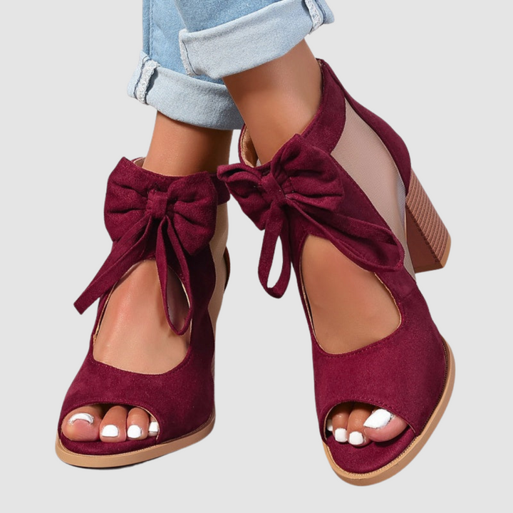 Women's orthopedic burgundy bow heels with mesh side panels and peep toe, block heel