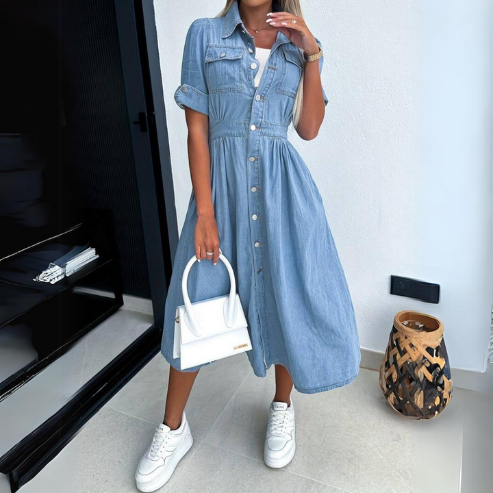 Light blue denim shirt-style midi dress with button placket, collar, short sleeves