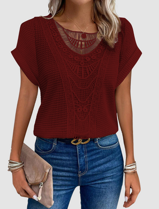 Sophie™ chic lace top in red knit with scalloped lace yoke and short sleeves.