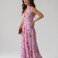 Pink halter-neck ruched floral maxi dress with gathered waist and tiered ruffles