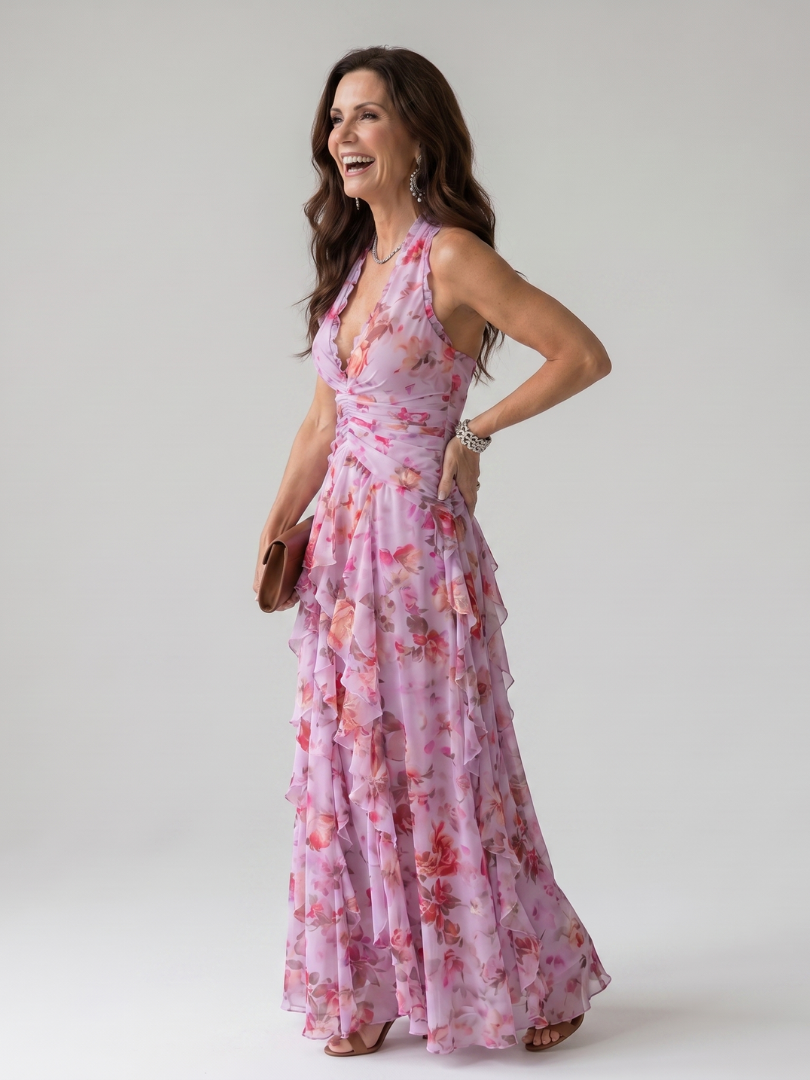 Pink halter-neck ruched floral maxi dress with gathered waist and tiered ruffles