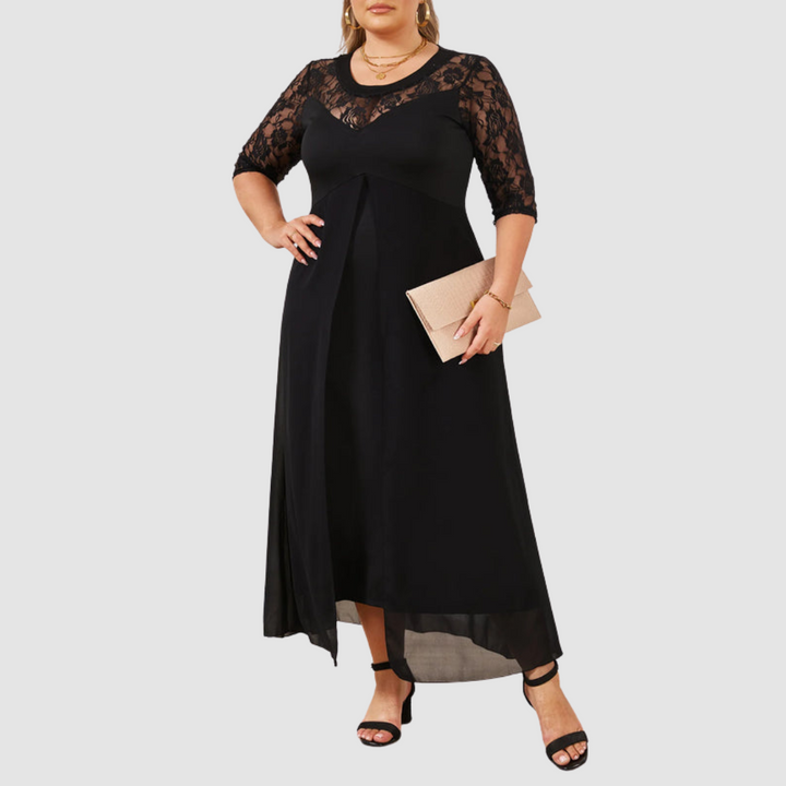 Reina™ long lace dress with black lace sleeves and scoop neckline, A-line skirt