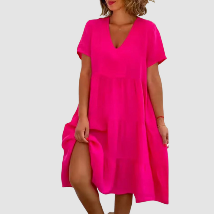 Pink V-neck short-sleeve soft dress with tiered, flowy A-line skirt