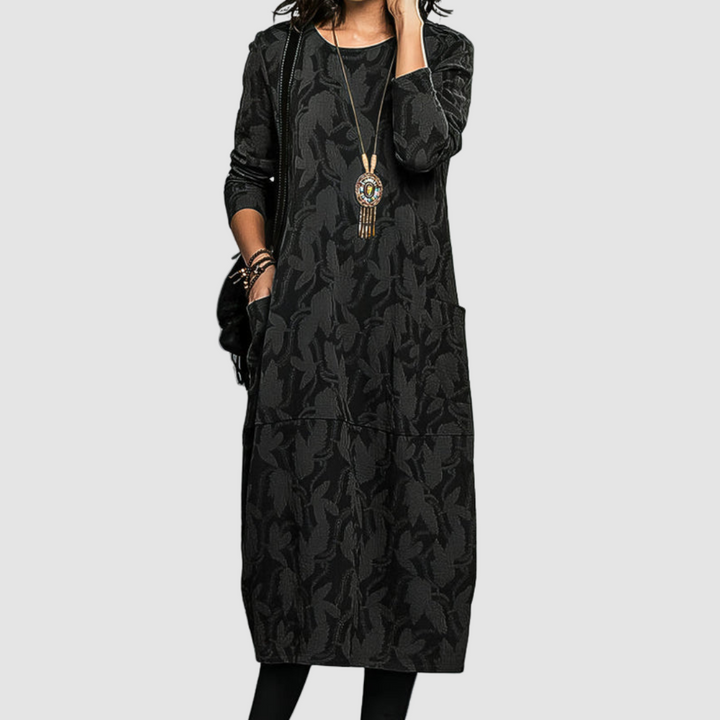 Bethanie™ elegant soft dress, black leaf-print tiered midi with long sleeves