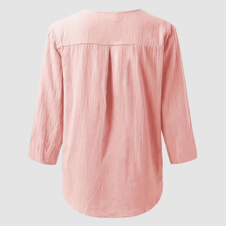 Pink cotton-linen blouse back, pleated yoke and three-quarter sleeves