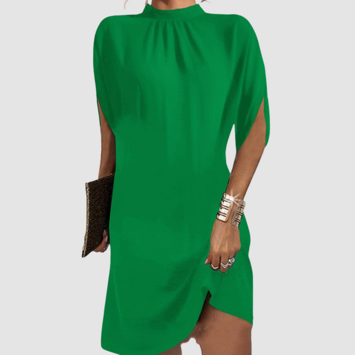 Green short sleeve dress with high gathered neckline and side slit at hem