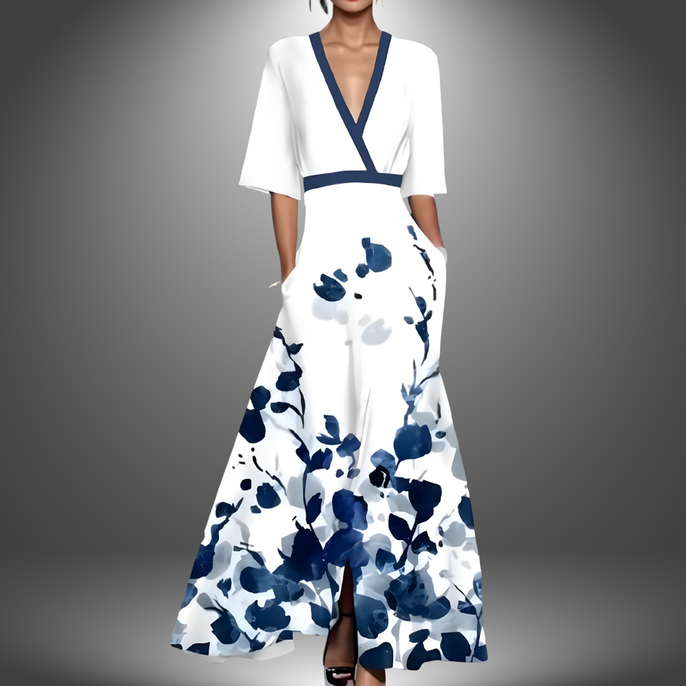 Lovisia™ precious elegant dress, white with navy floral print, V-neck, short sleeves