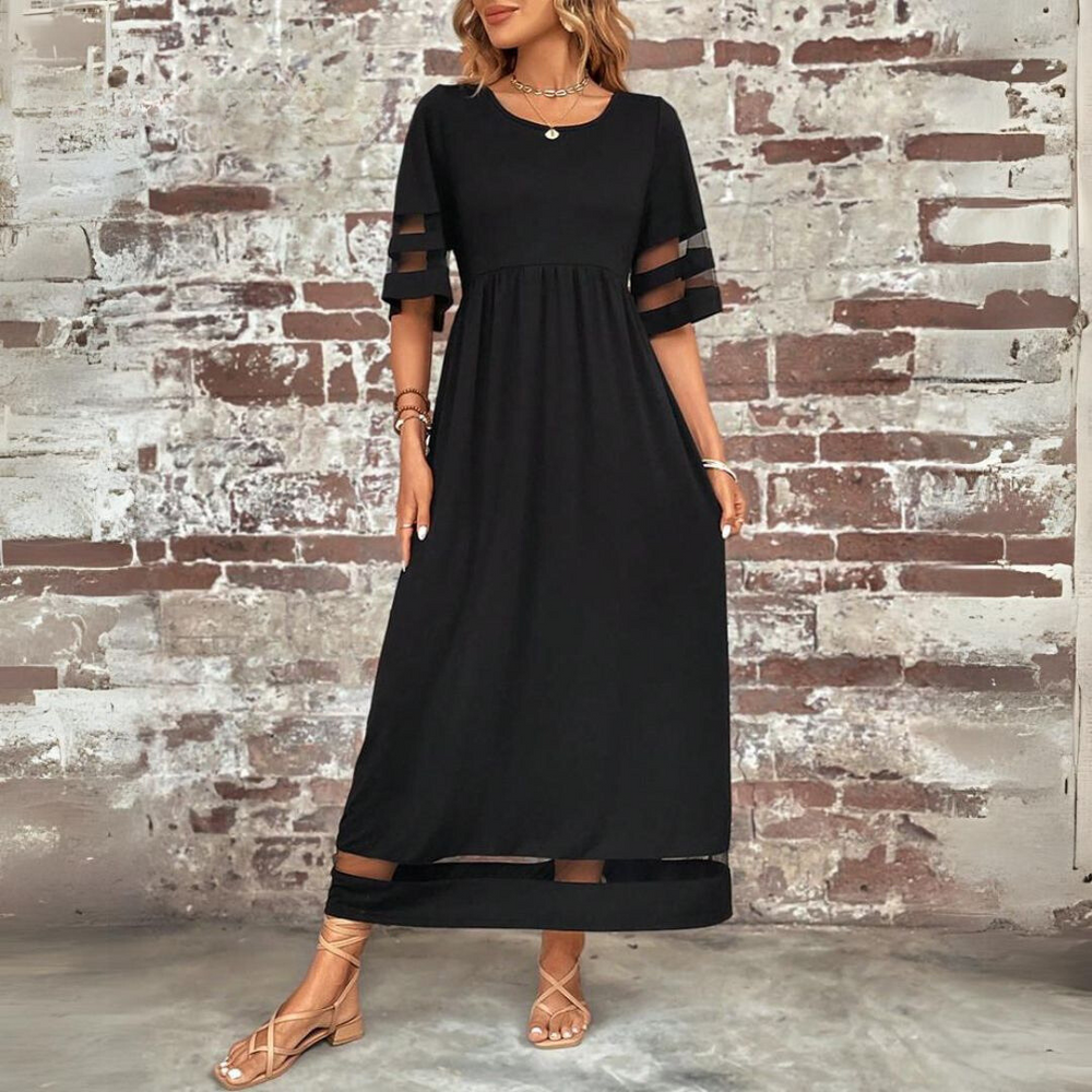 Black A-line midi dress with elbow-length sleeves and sheer stripe trim at hem