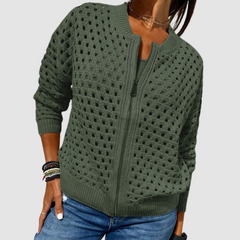 Green knitted cardigan with full-zip front, perforated dot knit, ribbed cuffs and hem