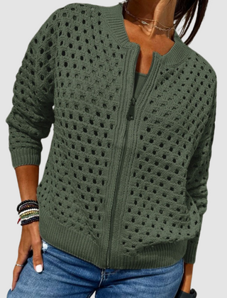 Green knitted cardigan with full-zip front, perforated dot knit, ribbed cuffs and hem