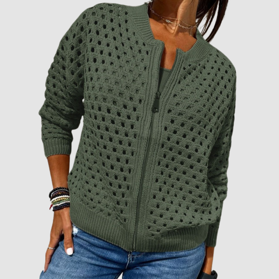 Green knitted cardigan with full-zip front, perforated dot knit, ribbed cuffs and hem