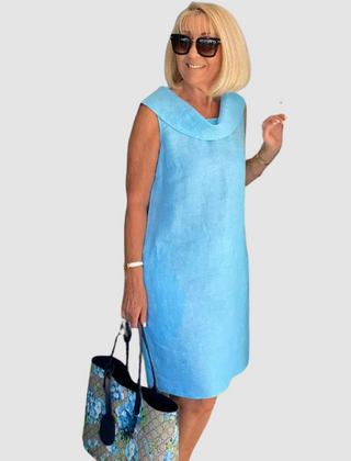 Light blue sleeveless cowl-neck casual dress, knee-length