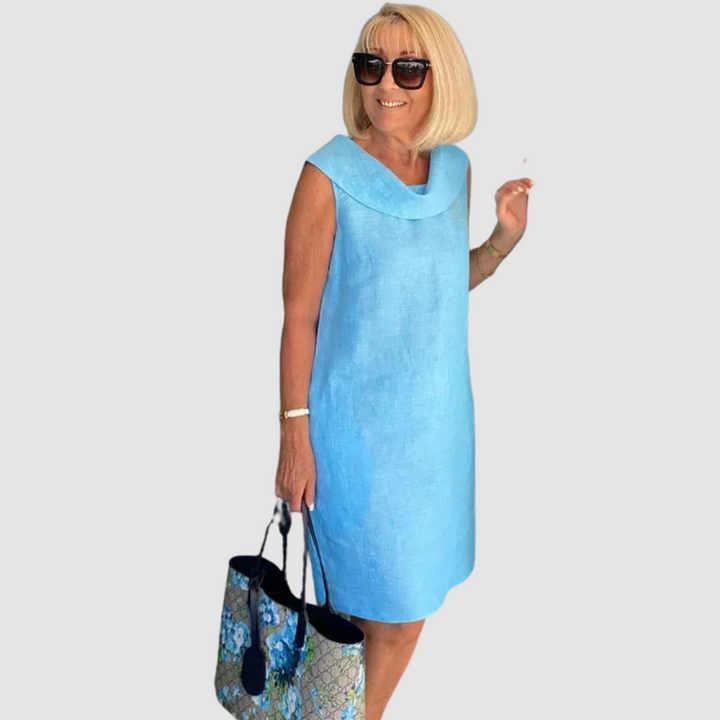 Light blue sleeveless cowl-neck casual dress, knee-length