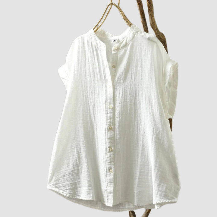 White button-front vintage shirt, short sleeves, stand collar