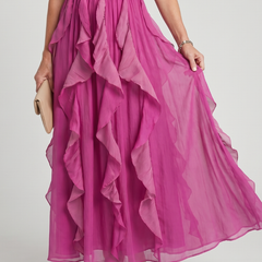 Pink layered ruffle maxi dress with high neckline and gathered waist seam detail