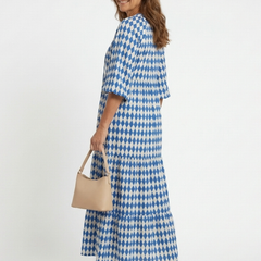 Sky blue diamond print tiered midi dress with V-neck and half sleeves