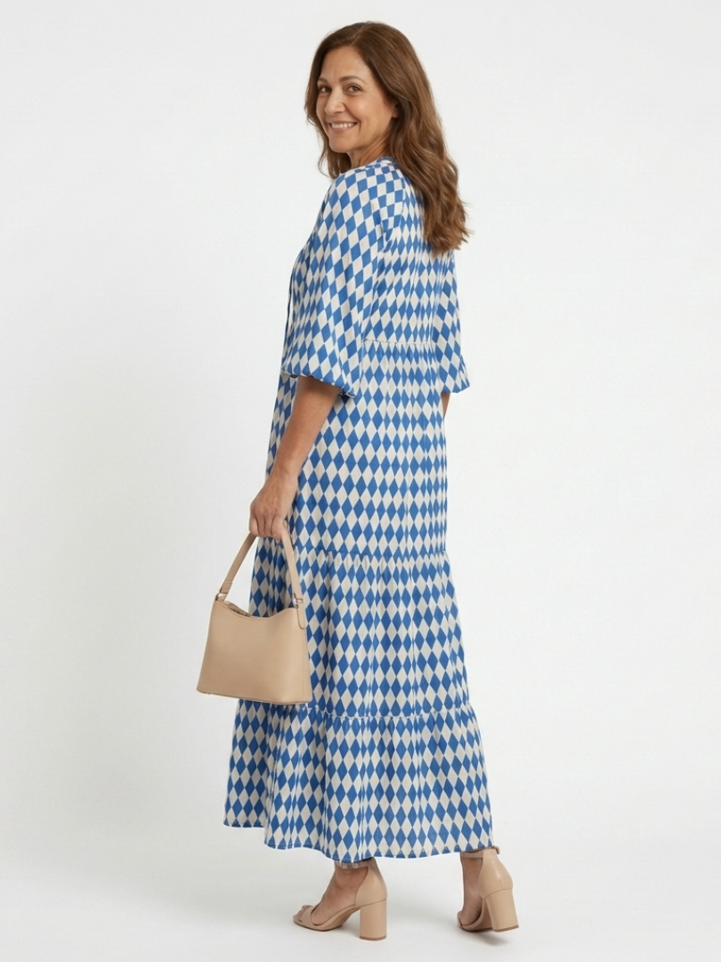 Sky blue diamond print tiered midi dress with V-neck and half sleeves