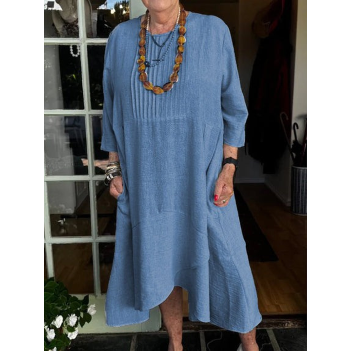 Blue pleated irregular-hem midi dress with three-quarter sleeves and scoop neckline