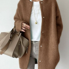 Brown round-neck button-front cardigan with long sleeves
