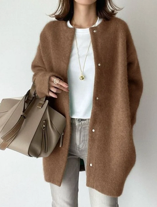 Brown round-neck button-front cardigan with long sleeves