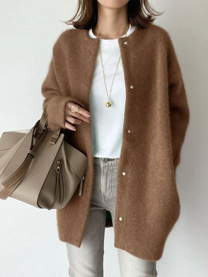 Brown round-neck button-front cardigan with long sleeves