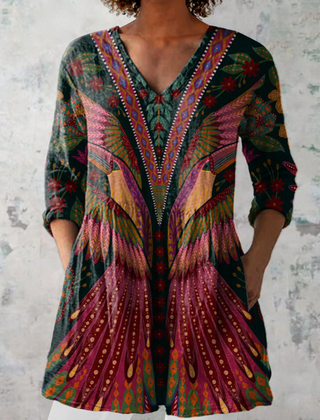 Long-sleeve V-neck blouse with multicolor floral and stripe pattern