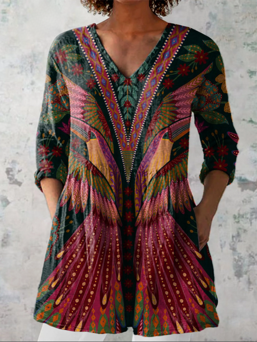 Long-sleeve V-neck blouse with multicolor floral and stripe pattern