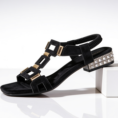 Black strappy heeled sandals with jeweled block heel and adjustable ankle strap