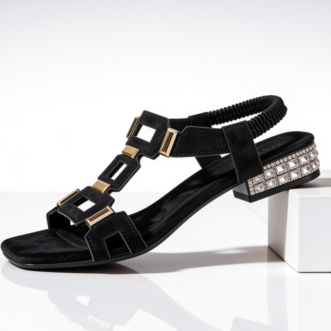 Black strappy heeled sandals with jeweled block heel and adjustable ankle strap