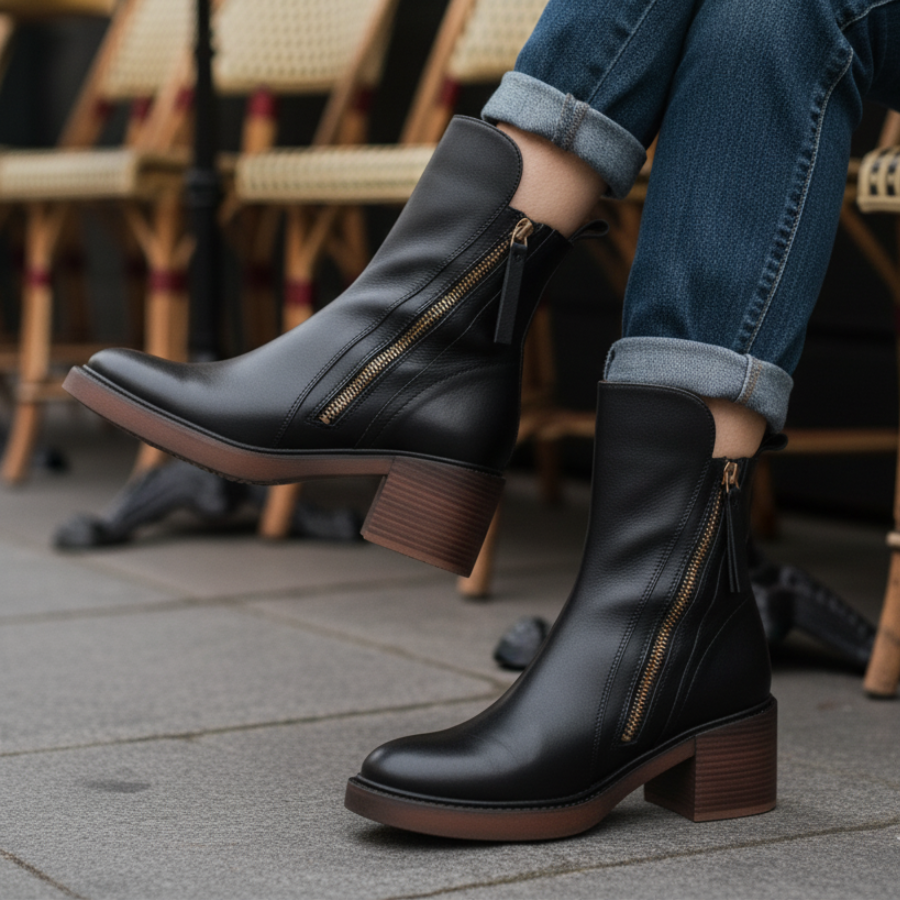 Black leather ankle boots with side zip and tassel pull, block heel on pavement.