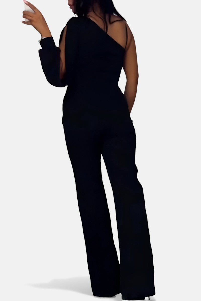 Black wide-leg jumpsuit with V-back and one-shoulder strap detail