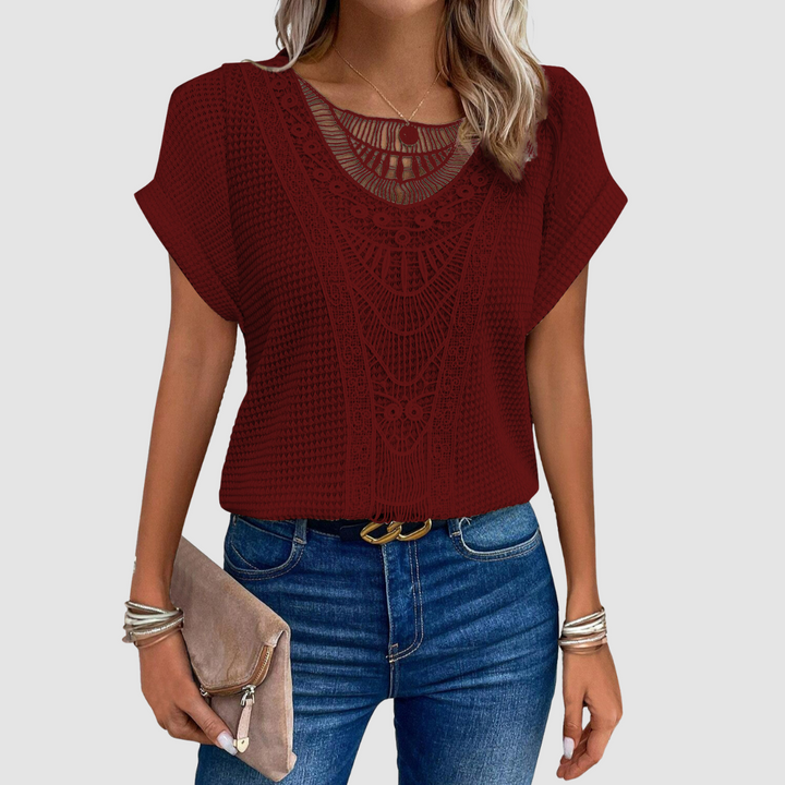 Red lace crochet top with scalloped neckline and short flutter sleeves