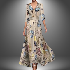 Cream floral long dress with V-neck wrap, 3/4 sleeves, full flared skirt